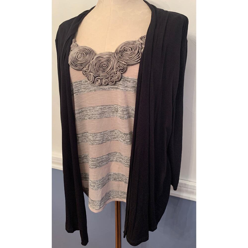 Petite XL Agenda Women's Faux Layered Look Black Tan Top with Rosettes Made in U